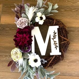 Spring door initial‎ wreath on grapevine